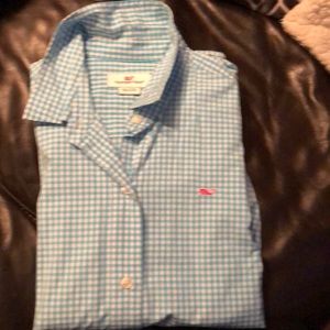 Button down, coral blue and white, never worn